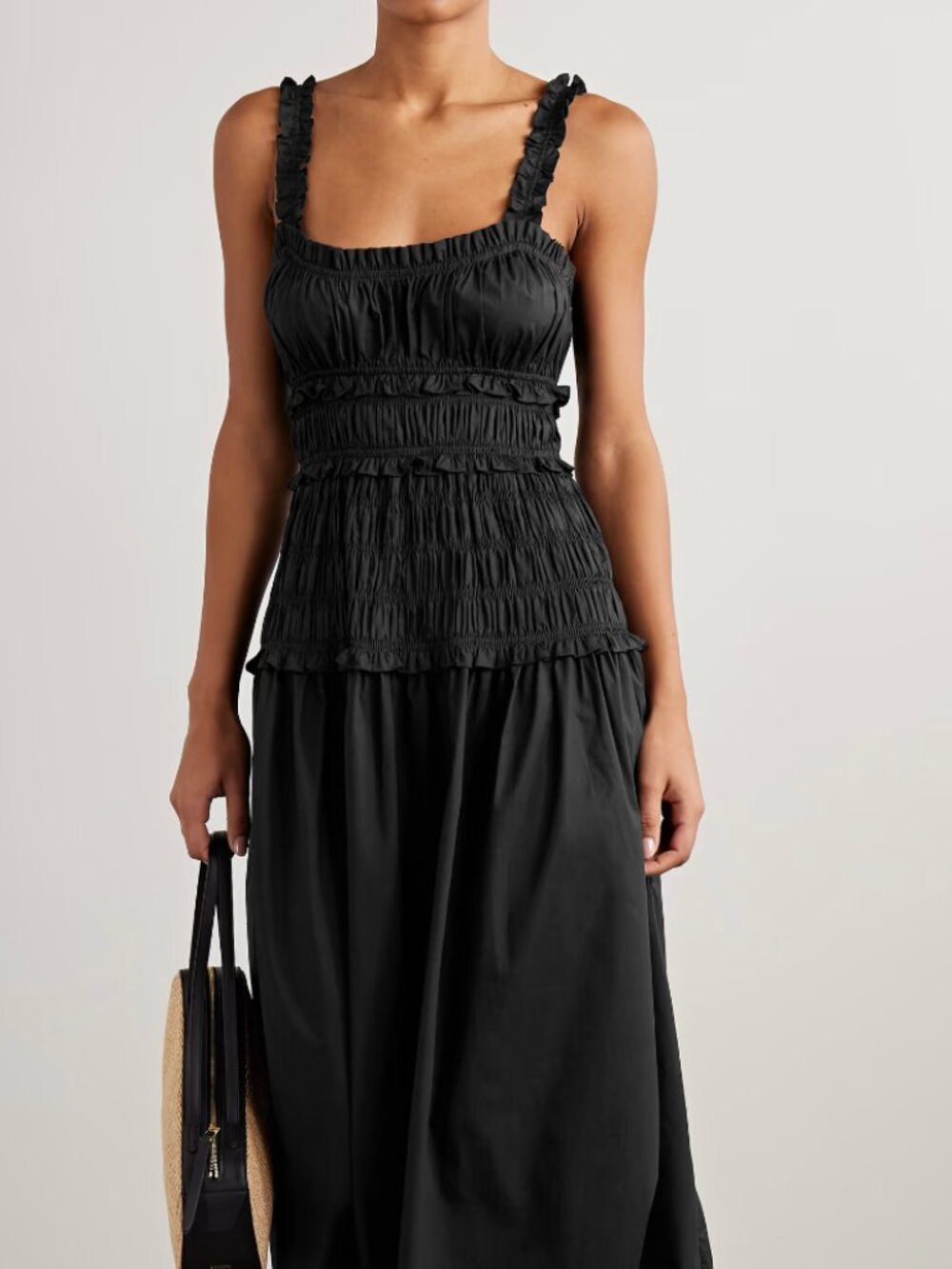 Marianne shirred organic cotton-poplin midi dress black